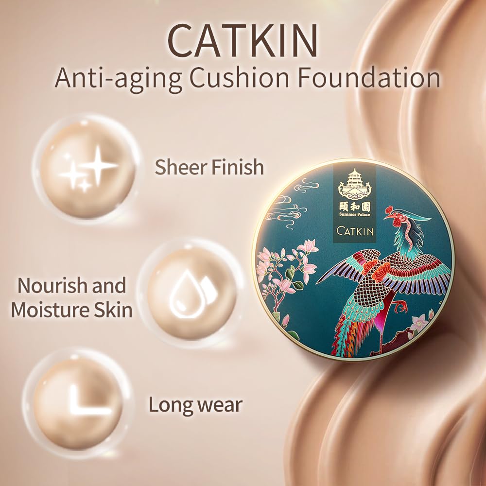 Catkin Phoenix Cushion Foundation Buildable Coverage Anti-Aging Serum Makeup, Sheer Satin Finish, Refill Included, Light Beige 0.46 Oz x 2, N12 NATURAL BEIGE