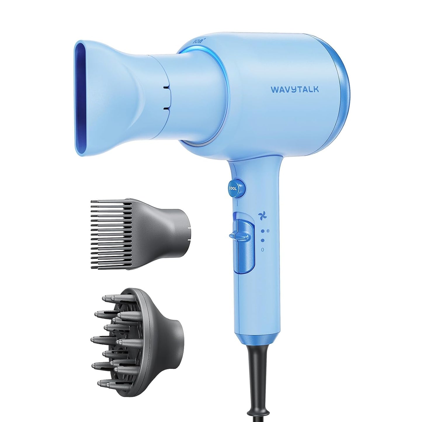 Wavytalk Hair Dryer, Blown Away Ionic Hair Dryer for Curly Hair with Diffuser, 1875W Fast Drying Blow Dryer with Ceramic Technology, 3 Attachments for All Hair Types, Light and Quiet, Light Blue
