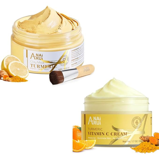 ANAI RUI Vitamin C Face Mask with Turmeric and Kaolin Clay & Vitamin C Face Moisturizer with Turmeric, Anti-Aging Facial Cream