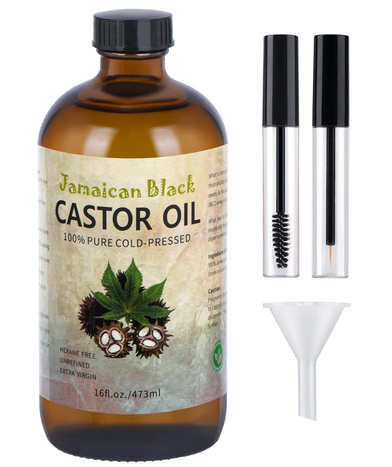 Jamaican Black Castor Oil, Organic Castor Oil Cold Pressed Unrefined Glass Bottle,Rich in Vitamin E, Omega Fatty Acids and Minerals for Hair & Skin, Bold Lashes & Brows, Nail Care 16OZ