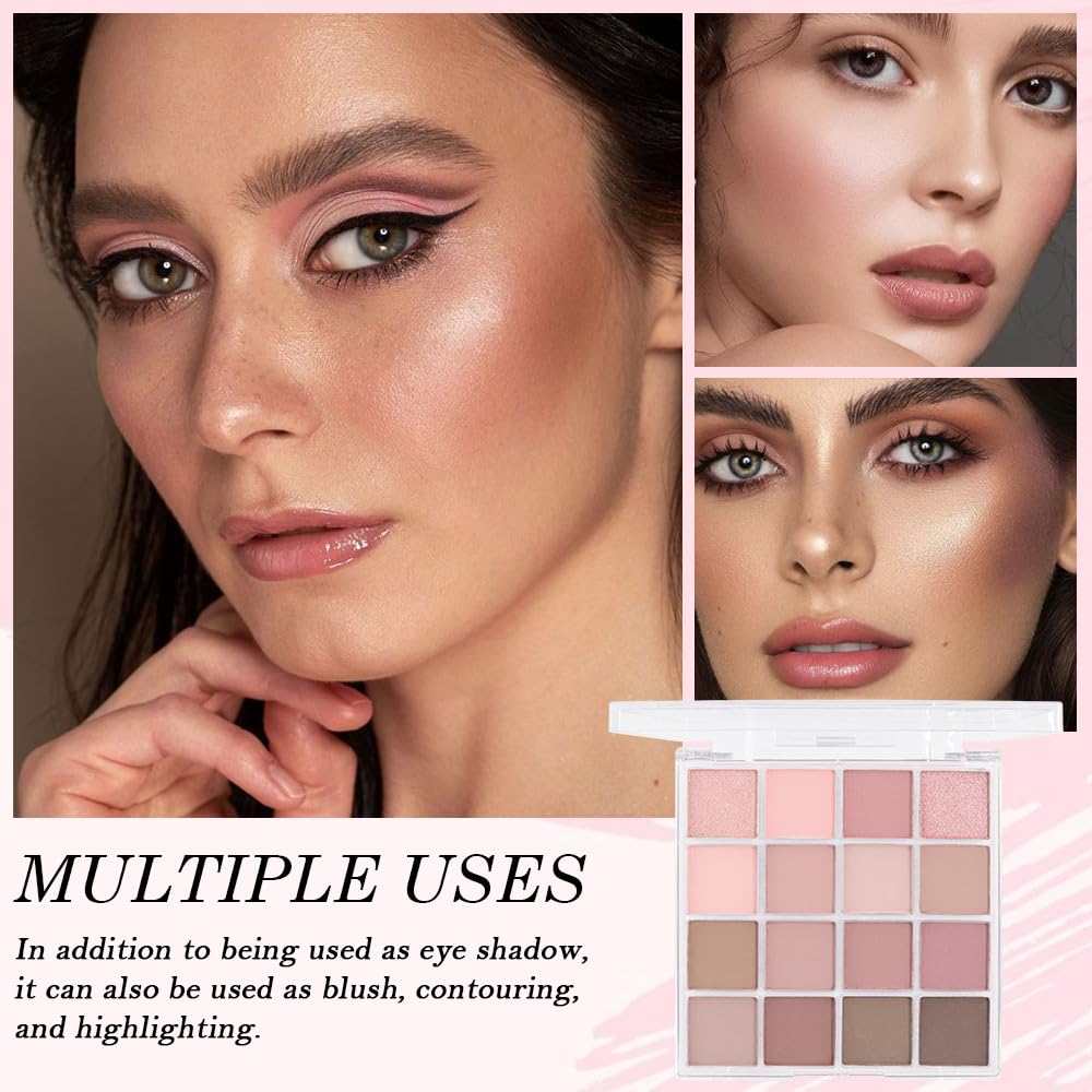 16Color Matte Shimmer Eyeshadow Palette,Natural Nude Brown RoseGold Coffee Pink DarkRed Sparkly Eye Shadow Makeup,Warm Pastel Eyeshadows Long Lasting Waterproof Naturing-Looking Women Girls Eye Shadow