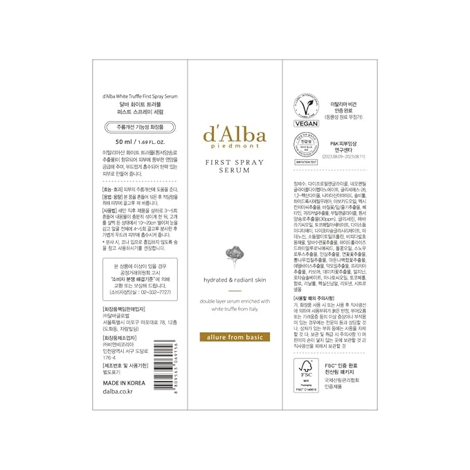 d'alba Piedmont Italian White Truffle First Spray Serum, Vegan Skin Care, Hydrating Face Moisturizer, Glow Serum for Radiant Skin, Non Comedogenic, All In One Mist (1.69 fl oz.)