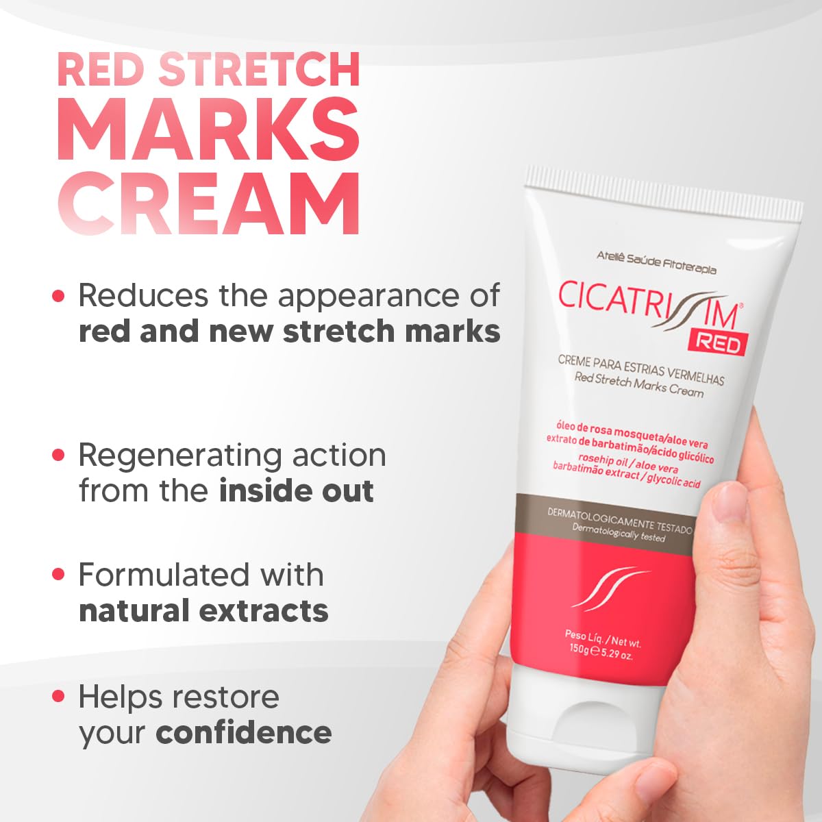 Cicatrissim Red Stretch Mark Cream for Red and Purple Striae - Softens Stretch Marks, Evens Skin Tone, and Firms Skin - All Skin Types - 150g