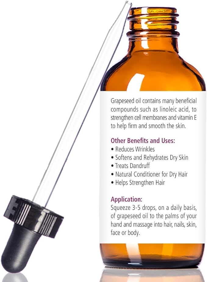 ORGANIC GRAPESEED OIL Anti-Aging Moisturizer - Facial Cleanser in 4 oz Glass Bottle | Unrefined, Cold Pressed Grape Seed Oil | Essential to Reduce Skin Wrinkles and Stretch Marks