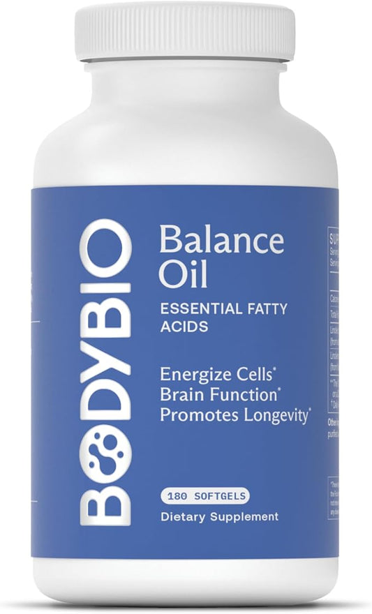 BodyBio Omega Oils 3 & 6 - Essential Fatty Acids for Brain and Heart Health | Organic Safflower and Flax Seed Oil Blend | Cold-Pressed Oils | DHA EPA | Balance Oil 180 Softgel