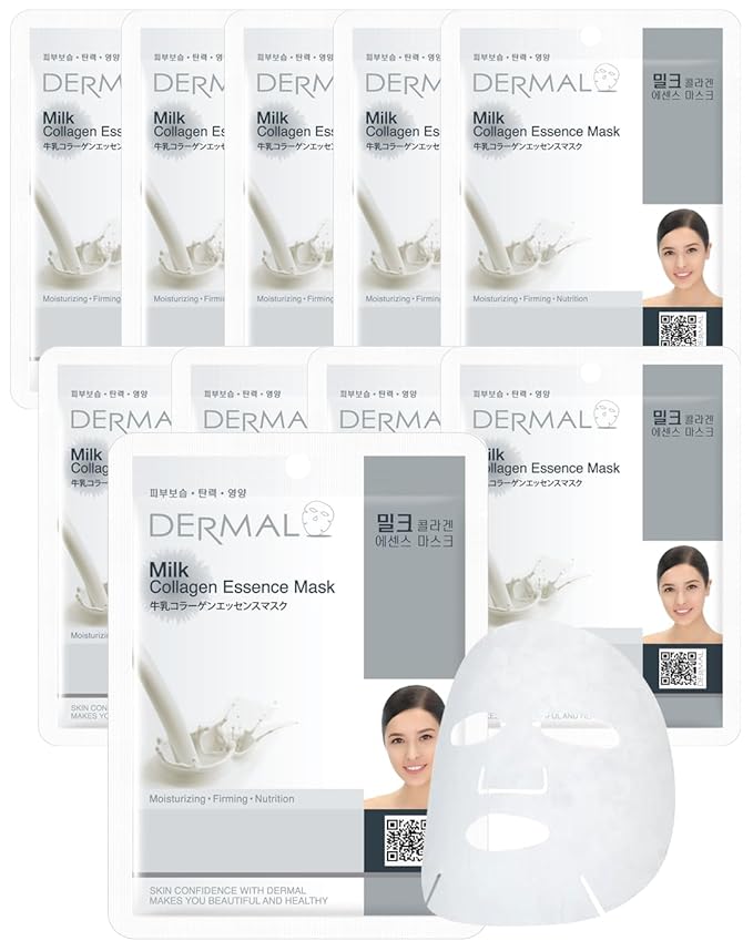 DERMAL Milk Collagen Essence Facial Mask Sheet 23g Pack of 10 - Skin Soft & Elastic, Nourishing and Moisturizing, Daily Skin Treatment Solution Sheet Mask
