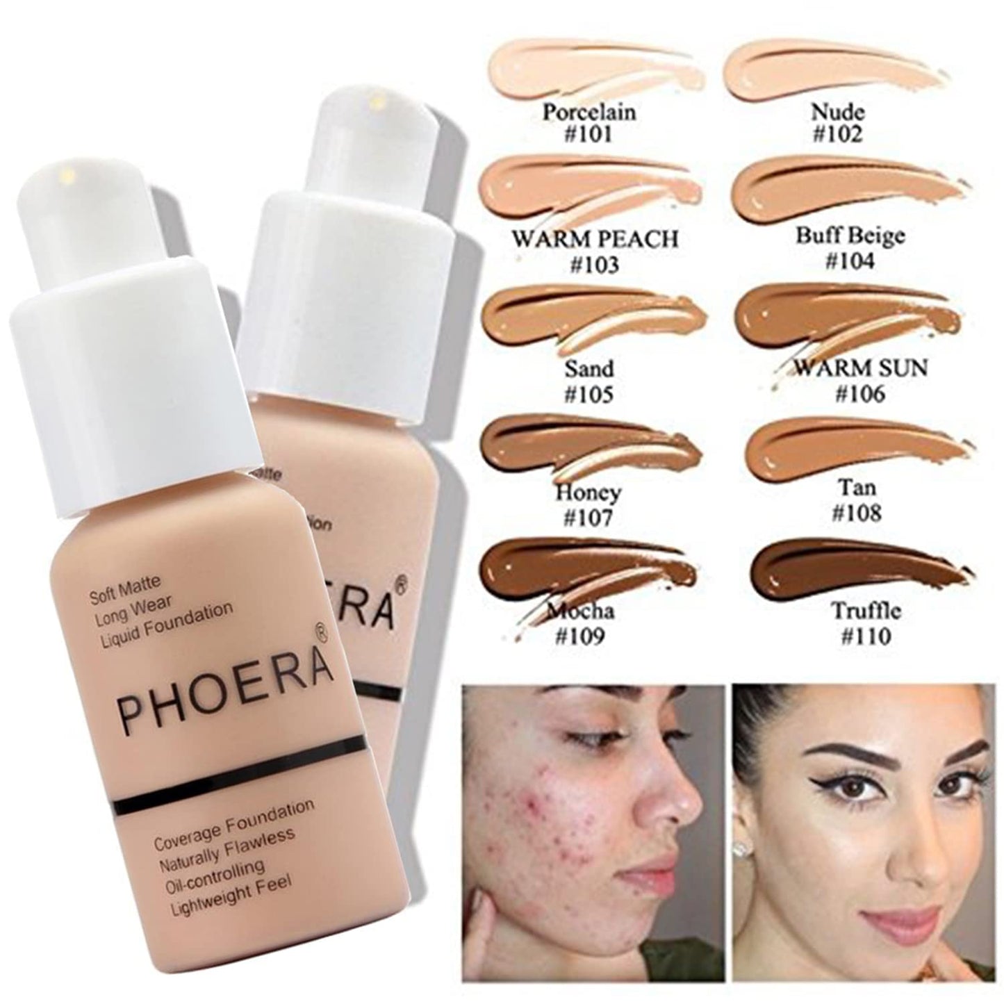 PHOERA Mushroom Head Air Cushion CC Cream Natural Foundation Set, Concealer, Primer, Powder, Foundation Brushes (104 Buff Beige+ 04 Buff Beige CC)