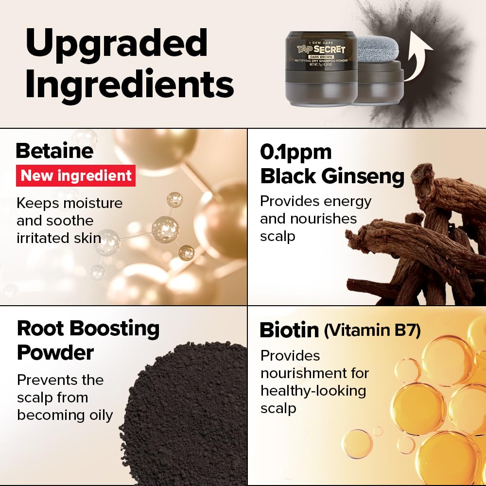 I DEW CARE Biotin Clarifying Dry Shampoo - Tap Secret Dark Brown | Strengthening & Volumizing, Powder Type, Refillable, Travel size, Non-aerosol, Brunette, Korean Ginseng, 0.26 Oz