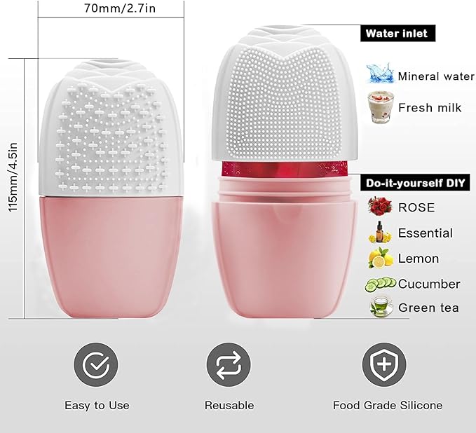 KOGITI Ice Mold for Face & Eye, Beauty Facial Roller, Puffiness Relief Massage Skin Care Tool, Ice Cube Holder (Brush-Pink White)