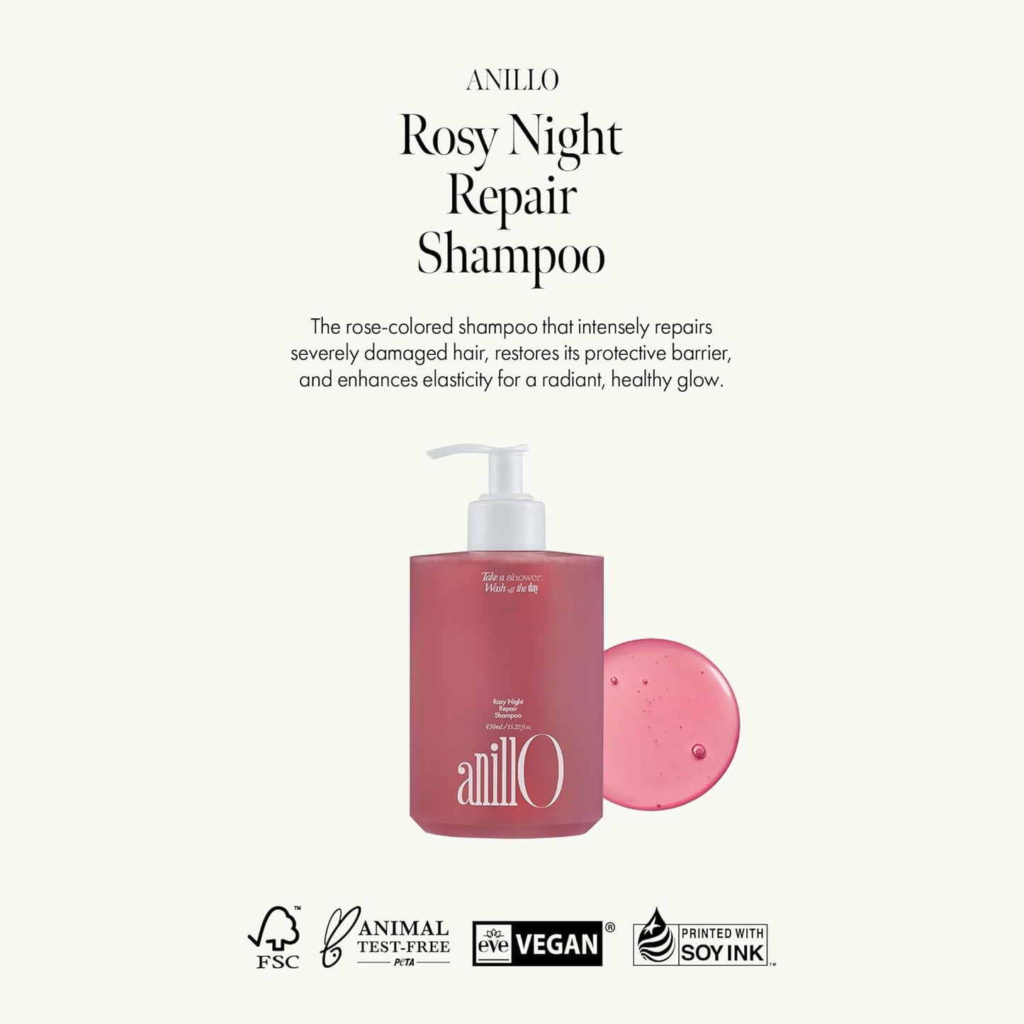 ANILLO Rosy Night Repair Shampoo – Anti-Dandruff & Damage Repair with Damask Rose Water & Ceramide – Color Safe, Silicone & Sulfate Free (15.22 fl. Oz)