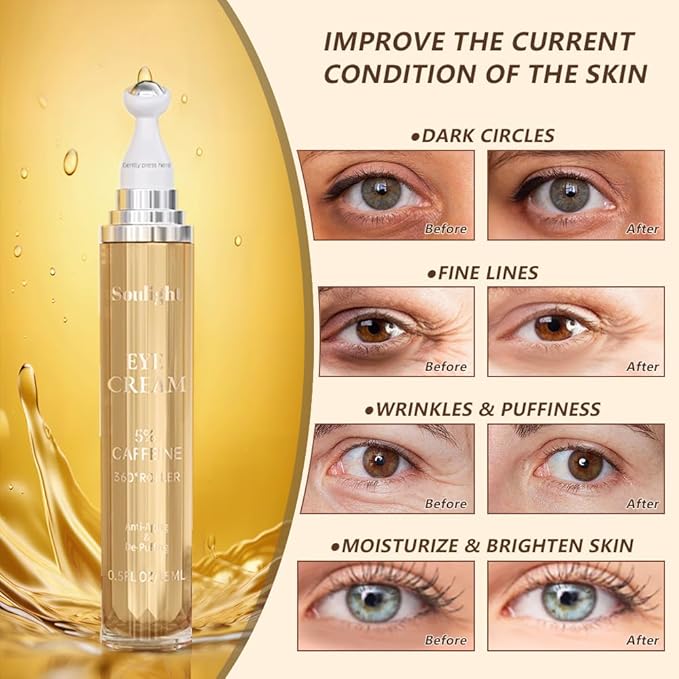 Soulight 5% Caffeine Eye Serum for Dark Circles, Puffiness & Wrinkles - Brightening Under Eyes Treatment with Hyaluronic Acid & Niacinamide - Hydrating & Firming Eye Cream for Sensitive Skin