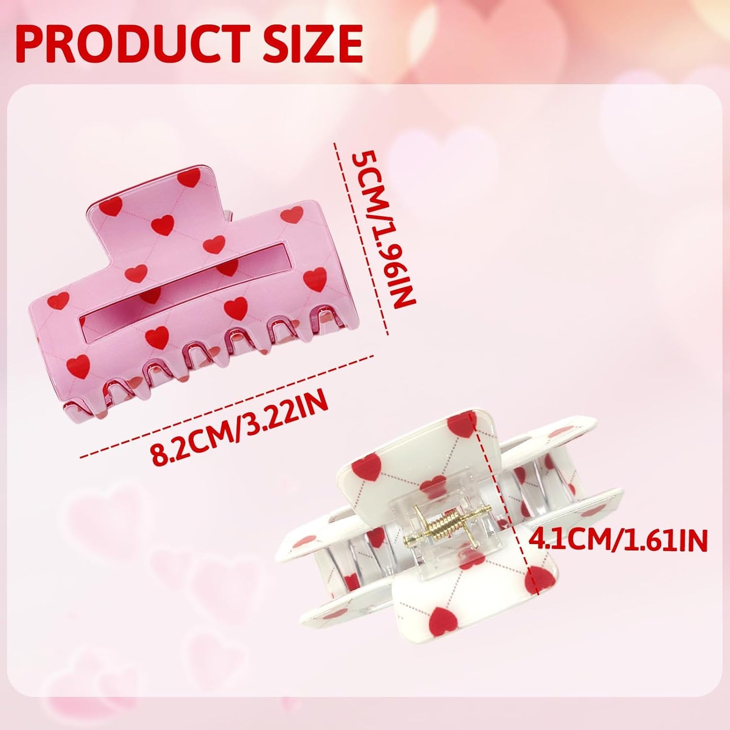 2Pcs Heart Hair Claw Clips for Women, Valentine’s Day Hair Clips, Valentine’s Day Hair Accessories, Cute Red Heart Pattern Design, Non-Slip White Pink Hair Claw for Thin and Thick Hair