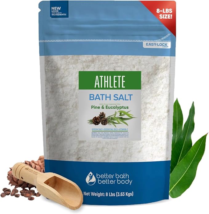 Athlete Bath Salt 128 Ounces Epsom Salt with Natural Lavender, Pine, Peppermint and Eucalyptus Essential Oils Plus Vitamin C in BPA Free Pouch with Easy Press-Lock Seal