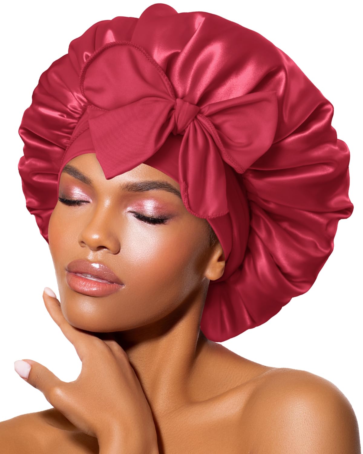 BONNET QUEEN Satin Bonnet Silk Bonnet for Sleeping Women Hair Bonnet Night Sleep Cap Scarf Wrap for Curly Hair with Tie Band Red Burgundy