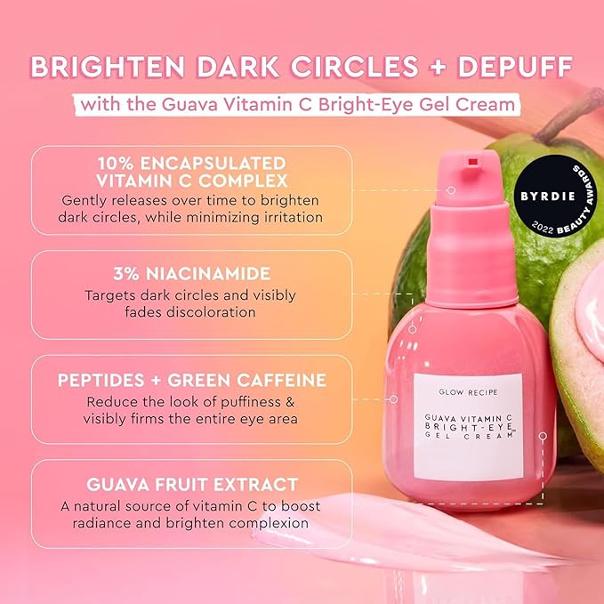 Glow Recipe Guava Brightening Korean Skincare Gift Set - Vitamin C Under Eye Cream Treatment + Hydrating Vitamin C Dark Spot Face Serum with Niacinamide & Peptides, Travel Size (2 Count)