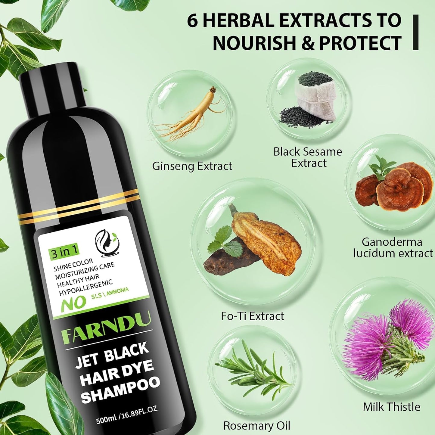 FARNDU Jet Black Hair Dye Shampoo for Women & Men, 3 in 1 Natural Herbal Color Shampoo for 100% Gray Coverage, Ammonia & Paraben Free (500ml)