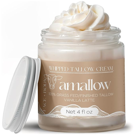 100% Grass Fed Beef Tallow for Skin Care - Face + Body - Whipped Moisturizer - Natural Lotion, 4 FL. oz. (Vanilla Latte)