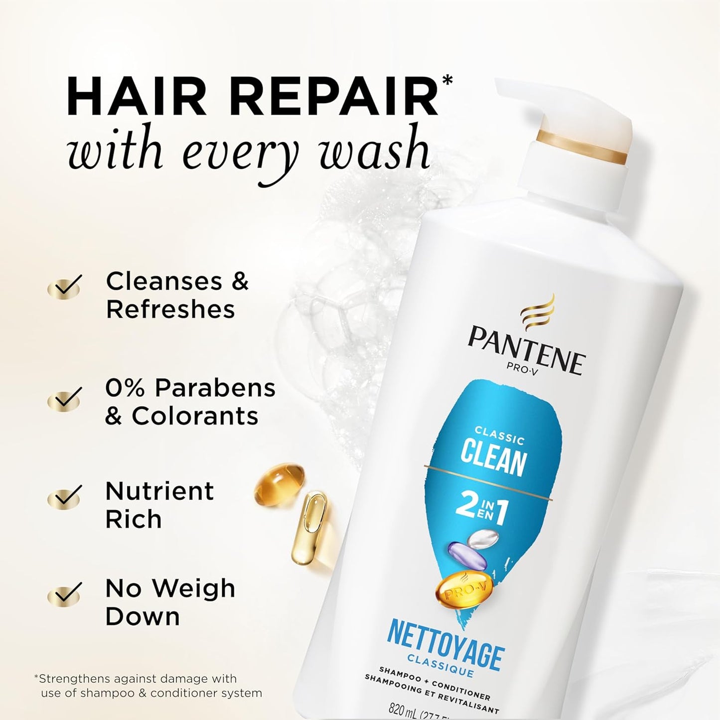 Pantene 2-in-1 Shampoo & Conditioner, Classic Clean - Pro-V Nutrients for Dry, Color-Treated Hair, Healthy Looking Hair Every Wash, Antioxidant-Rich, 27.7 Oz Each, 2-Pack + Rescue Shot (0.5 Oz)