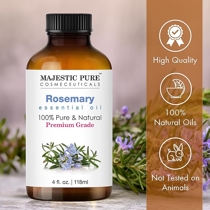 Majestic Pure Rosemary Essential Oil with Glass Dropper | 100% Pure and Natural Rosemary Oil | Premium Grade Essential Oils for Diffusers, Skin, Aromatherapy, Massage | 4 Fl Oz