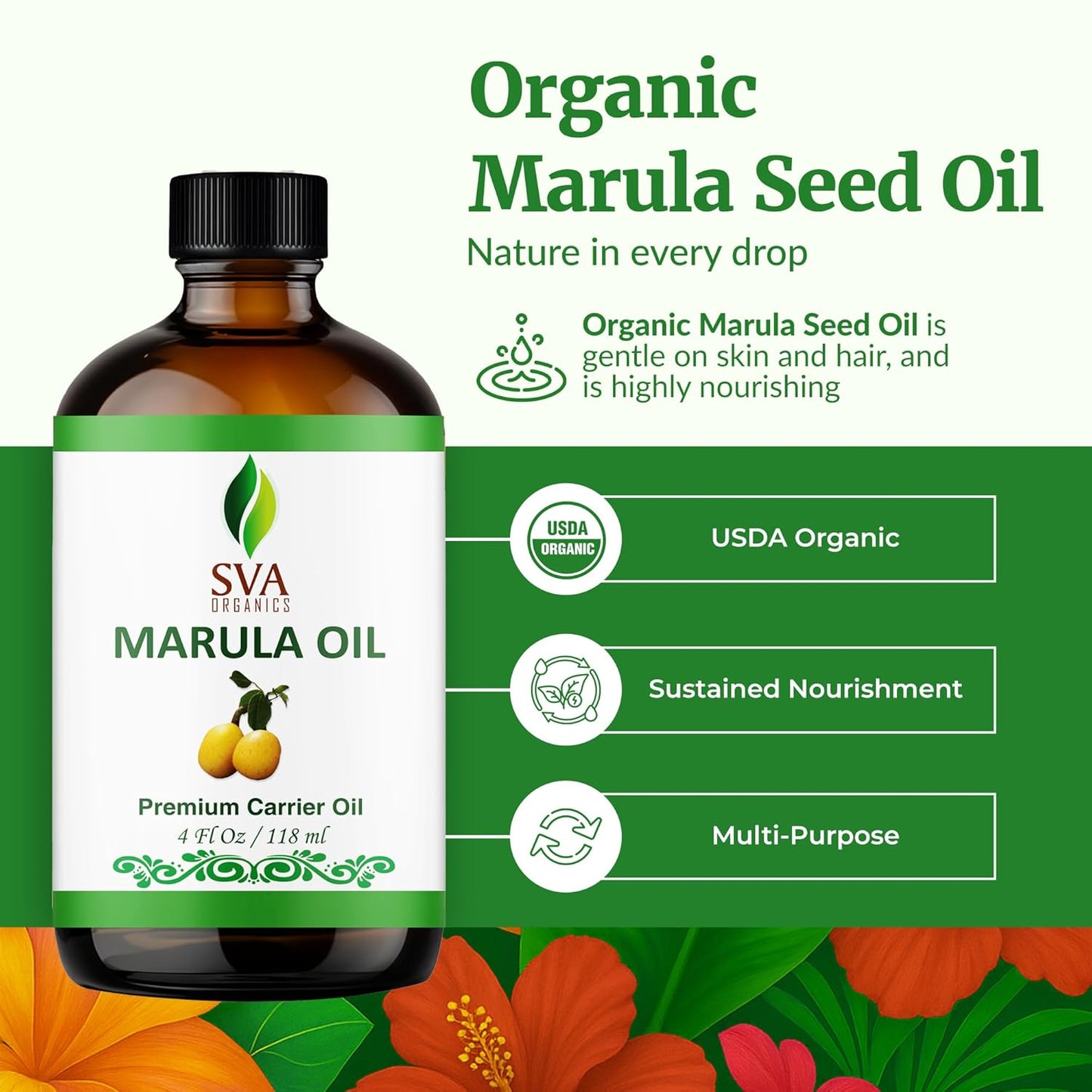 SVA Organic Marula Seed Oil - 4 Fl Oz - 100% Natural Cold Pressed Virgin Marula Oil Organic - for Face, Skin Care, Hair Care, Scalp Massage & Body Massage – Unrefined Carrier Oil with Dropper