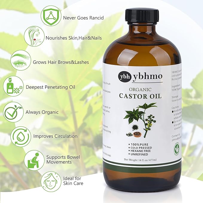 Cold Pressed Castor Oil Organic Glass Bottle(16 Fl Oz),100% Pure &Hexane Free, Castor Oil for Hair Growth & Care, Thicker Eyelashes & Eyebrows,Castor oil pack & Moisturize Body Skin
