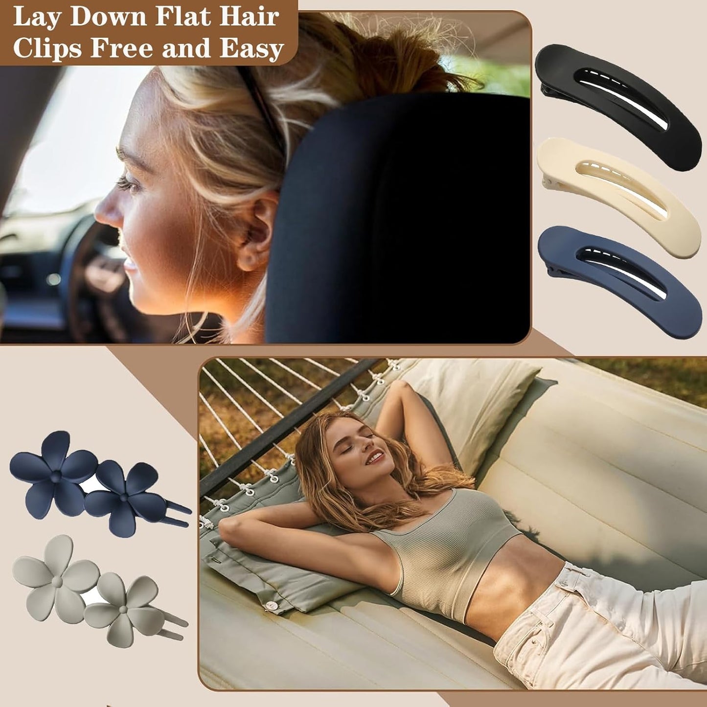 5 Pcs Flat Hair Clips, 2 Styles Large Lay Flat Claw Clips for Women Girls,Strong Hold Non-slip Matte Hair Claws for Thick Thin Hair(Navy&Grey)