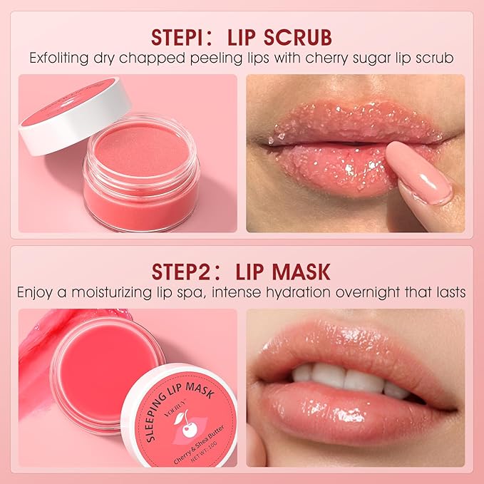 Lip Scrub & Lip Mask Set, Cherry Lip Exfoliator Scrub, Christmas Gifts Stocking Stuffers Gift for Women, Overnight Suger Lip Treatment, Repair Dry Cracked Lips - with Lip Brush (10g*2)