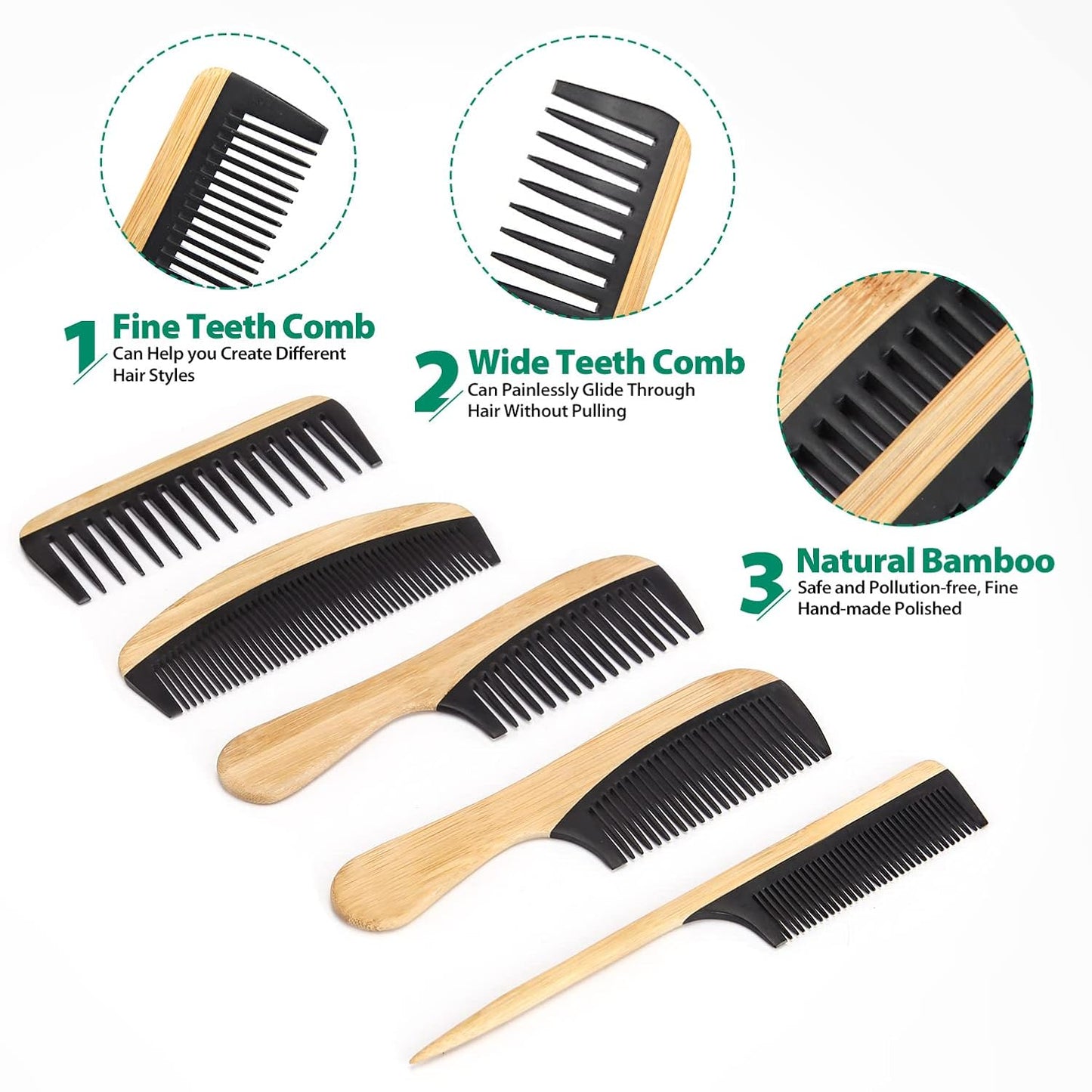 5 Pcs Handmade Bamboo Anti-Static Comb Set for Women and Men - Wide Tooth, Rat Tail, and Fine Tooth Combs for Long, Short, Thick, Thin, Wavy, and Curly Hair Detangling (Natural + Black)
