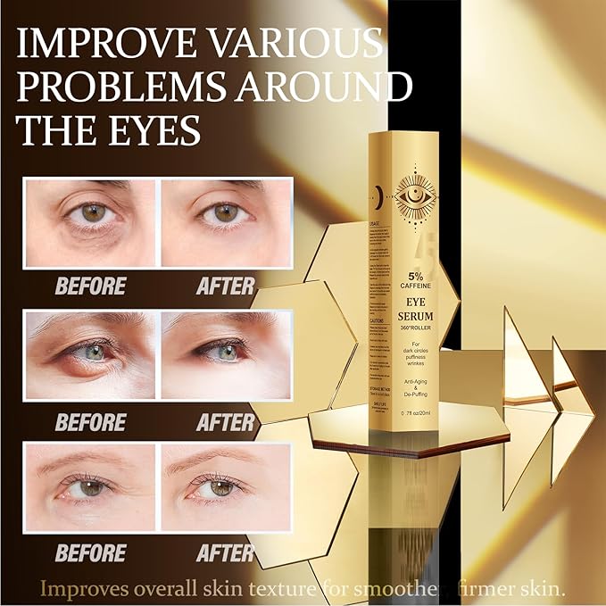 Eye Serum With 5% Caffeine & 5% Retinol For Dark Circles, Puffiness Puffy Bags & Wrinkles Fine Lines,Under Eye Cream Anti Aging Treatment 360° Massage Roller Ball (0.68 Ounce (Pack of 1), Unscented)