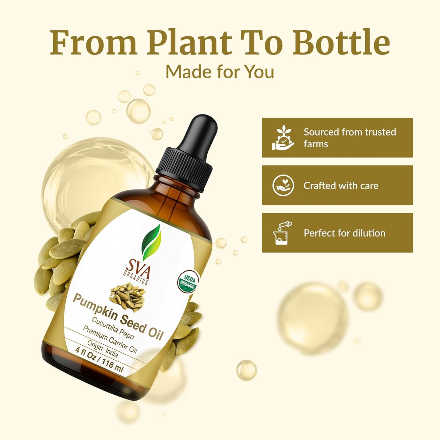 SVA Pumpkin Seed Oil Organic - 4 Fl Oz – 100% Natural Cold Pressed Organic Pumpkin oil - for Face, Skin Care, Hair Care, Scalp Massage & Body Massage – Carrier Oil with Dropper