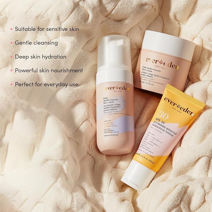 Evereden Kids Skincare Bundle: 1-2-3 Routine with Multi-Vitamin Peach Face Wash, Cream, SPF 30 & Spa Headband – Gentle, Nourishing Skincare & Fun Hair Management for Kids – Perfect for Daily Care