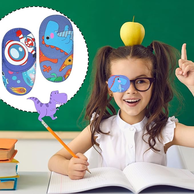 Newcotte 12 Pcs Eye Patch for Kids Toddler Reusable Adjustable Girls Boys Eyepatch for Glasses Left or Right Eye Patch, Assorted Patterns(Dinosaur)