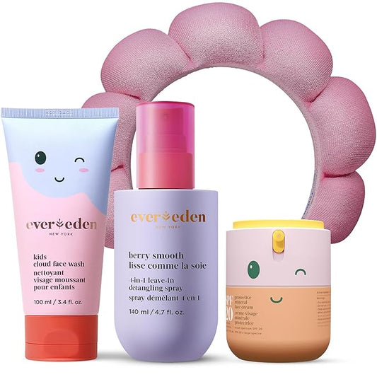 Evereden Kids Morning Skincare Set – Cloud Face Wash, SPF 20 Daily Face Cream, Hair Spray & Headband – 4-Piece Clean Routine, Vegan & Dermatologist-Tested