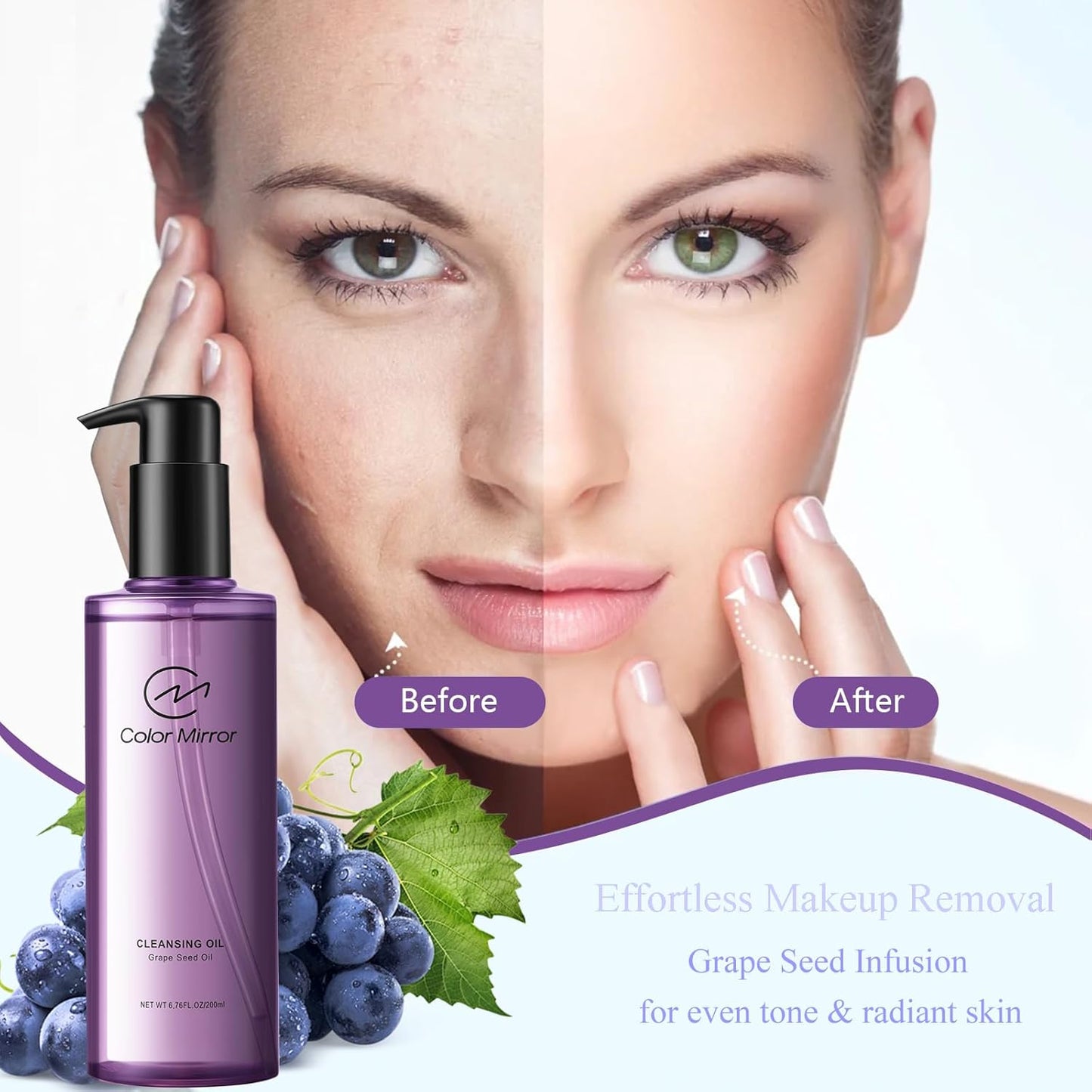 Grape seed Light Cleansing Oil, Antioxidant-Rich Age Defying Makeup Remover,Deep Pore Oil Cleanser, 6.76 fl oz 200ml