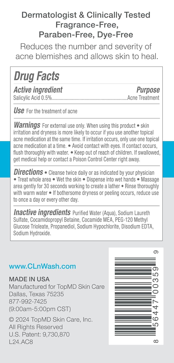 CLn® Acne Cleanser-The Only Cleanser with 0.5% Salicylic Acid Preserved with Sodium Hypochlorite for Clarifying Skin from Blackheads & Breakouts, Oil-Free & Fragrance-Free, 8 fl oz
