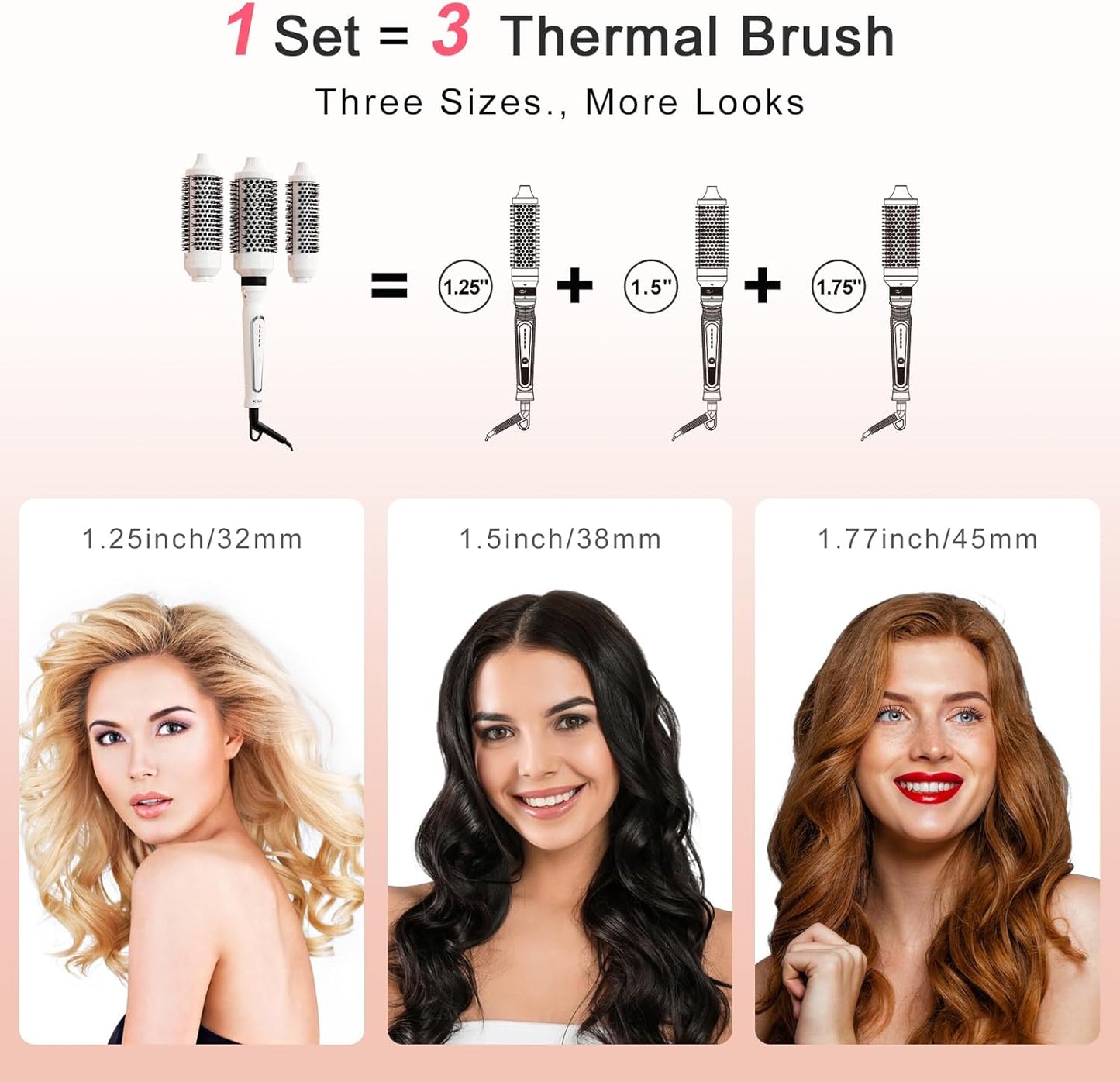 K&K 3 in 1 Thermal Brush Set, Ceramic Hot Brush, Fast Heating Curling Wand for Short, Medium & Long Hair, 5 Temperature Adjustment, Dual Voltage