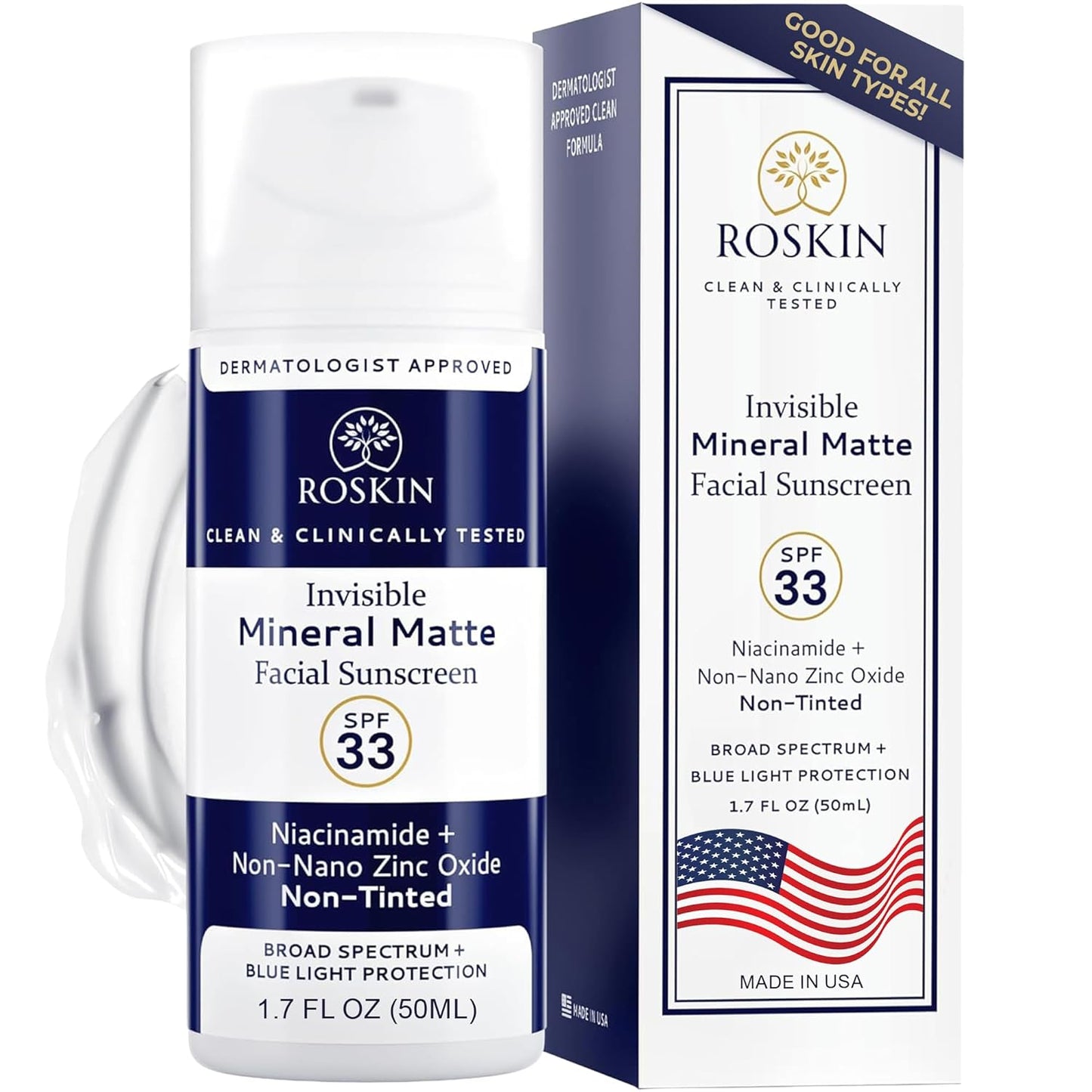 Roskin Mineral Matte Face Sunscreen - Invisible Facial Sunscreens with Non Nano Zinc Oxide - Facial Sunblock with SPF 33 Broad-Spectrum & Blue Light Protection - Face Sunscreen Moisturizer (1.7 Fl Oz)