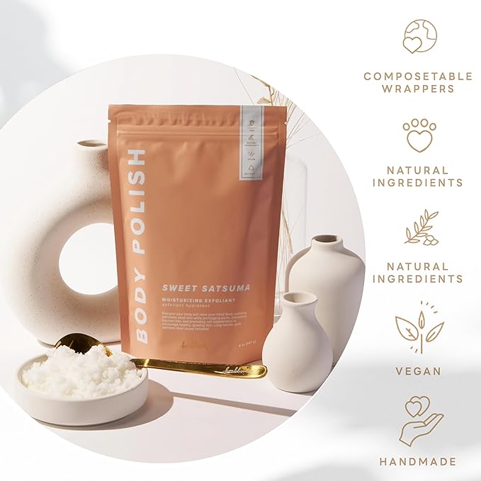 Body Polish, 8oz. - Mango Sorbet Scented Body Scrub Exfoliator for Women, Exfoliating Sugar Scrub To Lotion Moisturizer, Gentle Exfoliant for Dry and Sensitive Skin, Handmade in USA