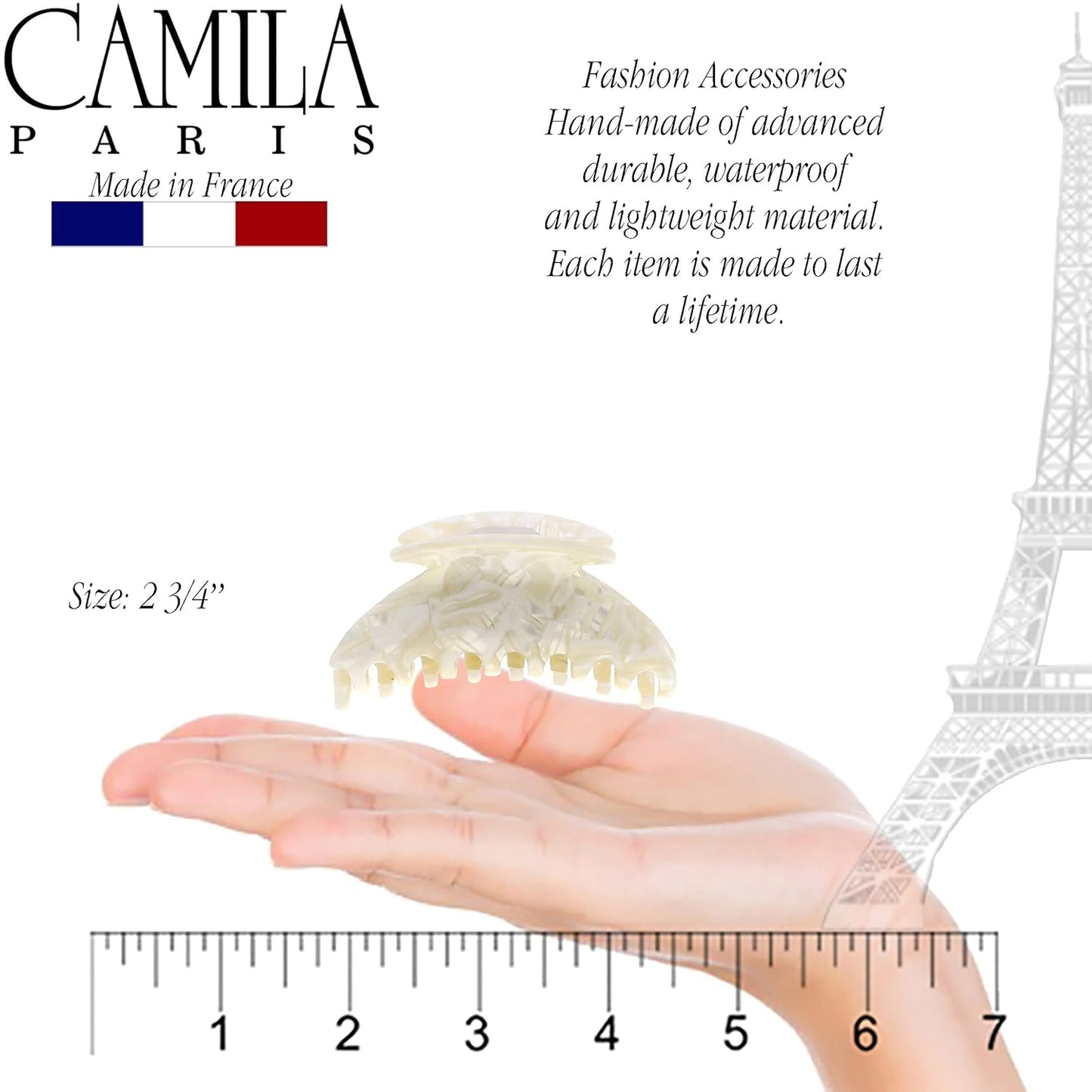 Camila Paris CP3266 French Hair Clip for Women, Small 2.75 inch Handmade, White, Girls Hair Claw Clips Jaw Fashion Durable Styling Hair Accessories for Women, Strong Hold No Slip Grip. Made in France