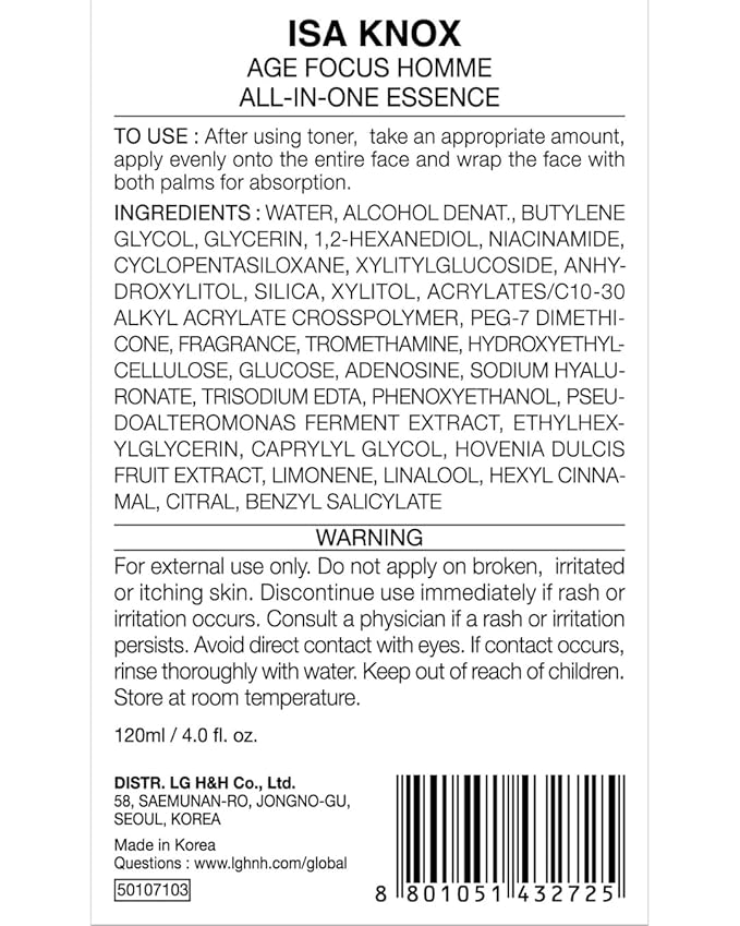 Isa Knox Age Focus Homme (All-in-one Essence, 4.1fl oz) - Refreshing and Moisturizing All-in-One Moisturizer, Protective Barrier Men's Skin Care with Niacinamide | Korean Skincare