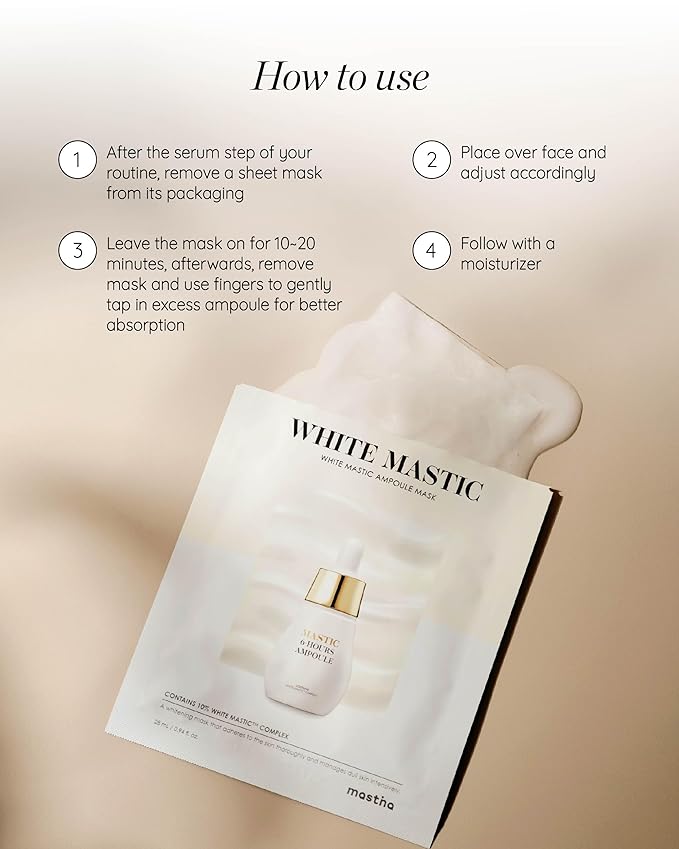 MASTINA White Mastic Ampoule Sheet Mask Pack of 12- Illuminating. Ultra-Moisturizing Facial Mask. Intensive Korean Skin Care. Fermented Mastic Gum