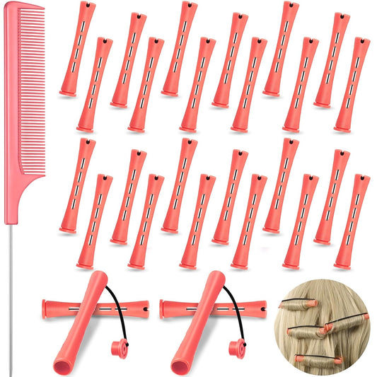24 Pieces Hair Perm Rods Plastic Cold Wave Perming Curlers Hair Rollers with Steel Pintail Comb Rat Tail Comb Tools for Hairdressing Styling(Pink,0.51 Inches)