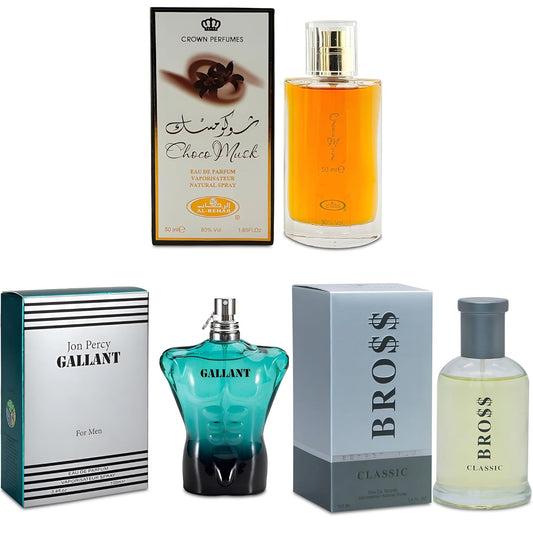 3Pack Men Colognes Choco Musk&Gallant&Bross Classic Eau De Parfume Spray with Woody Floral & Fruity Scent Perfume Gift Set Day to Night Luxury Fragrances