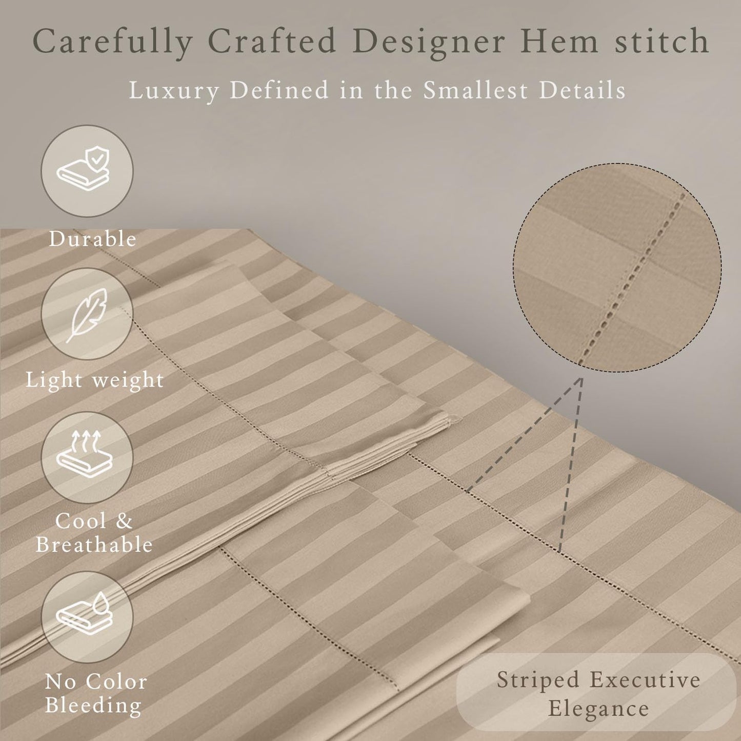 Threadmill 500 Thread Count Twin-XL Size Damask Stripe, 3 Pc Luxury Cotton Bed Sheet Set, Silky Soft Light Beige Sheets with 15" Elasticized Deep Pocket, 1 Pillowcase & Free Tote Bag