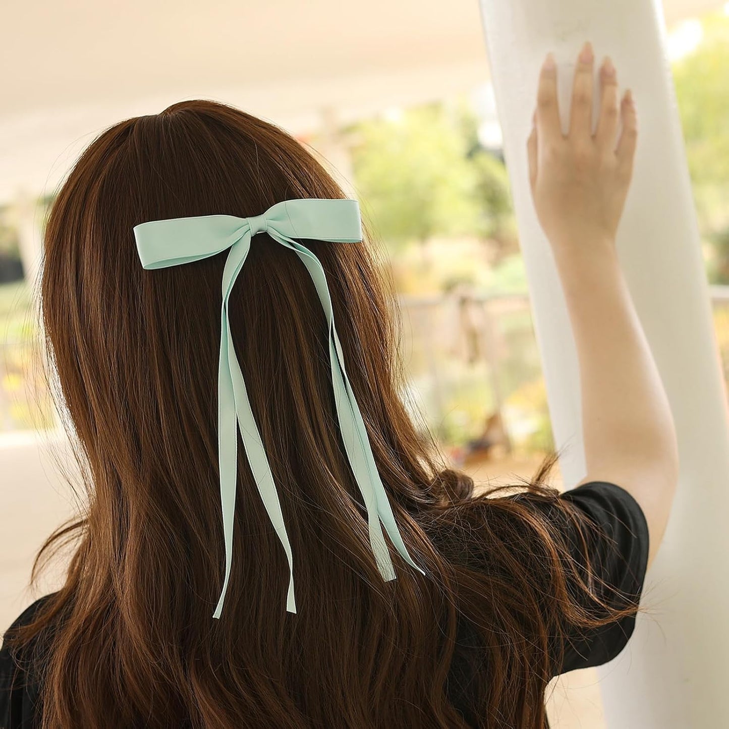 LFOUVRE Hair Clip, 4pcs Bow Hair Clips for Women, Hair Clips with Long Tail Tassel Ribbon, Claw Clips with Bow, Bowknot Barrettes, Hair Accessories for Women Purple Sky Blue