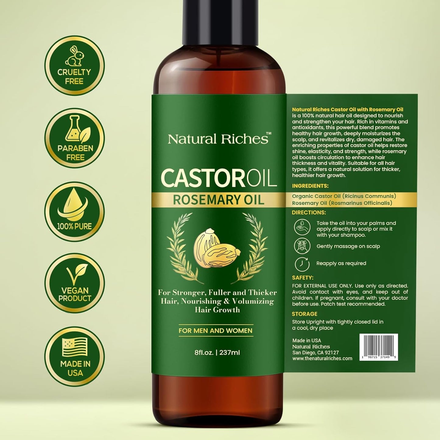 Natural Riches Castor Oil with Rosemary, 8 fl oz – Organic Blend for Thicker, Fuller Hair Growth – Premium Grade Hair Treatment.