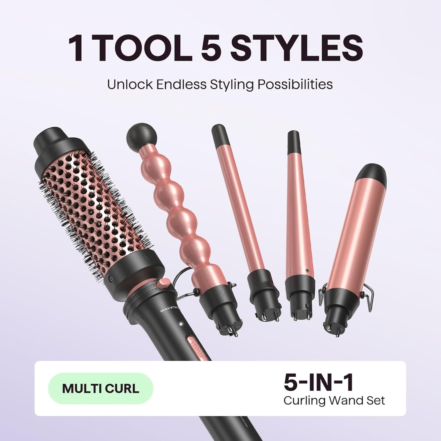 Wavytalk 5 in 1 Curling Wand Set, Multi Curl, Curling Wand Set with Thermal Brush and 4 Interchangeable Ceramic Curling Wand(0.5”-1.25”), Instant Heat Up Wand Curling Iron (Rose Gold)