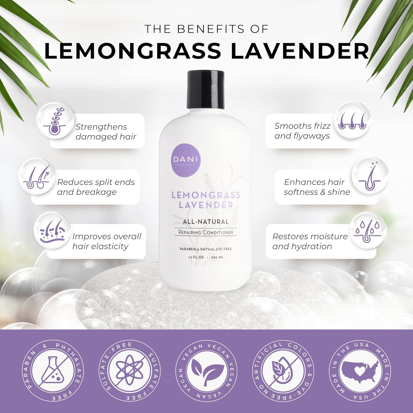DANI Naturals Conditioner – Lemongrass Lavender, Hydrating & Repairing, Soothes Scalp Redness & Dryness, Reduces Dandruff, Color-Safe & Vegan, 12 oz