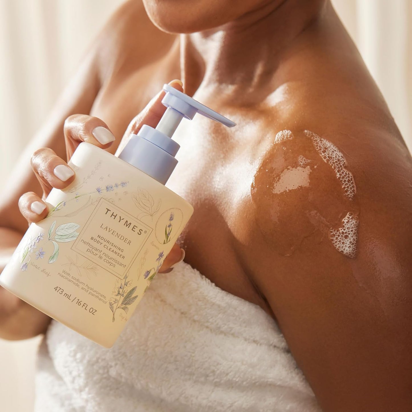 Thymes Nourishing Body Cleanser - Large Moisturizing Body Wash with Pump - Hydrating Cleanser - Notes of Velvety Lavender, Warm Rosewood, Fresh Clary Sage, & Earthy Violet (Lavender, 16 fl oz)