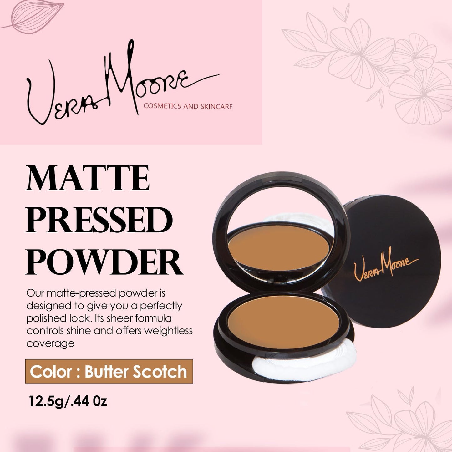 Vera Moore Matte Pressed Powder, Makeup Setting Compact Powder, Face Powder for Full Coverage with Flawless Finish, Shine, Matte Finish for All Skin Types (Butter Scotch, 12.5g)
